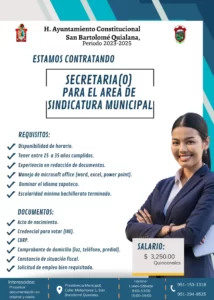 Convocatoria a Secretario(a) para el área de la sindicatura municipal