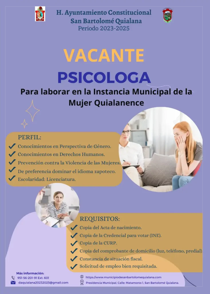 Vacante para laborar en la Instancia Municipal de la Mujer Quialanence