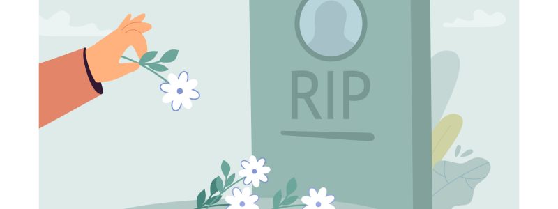 Hand putting flowers on tombstone flat vector illustration. Person mourning and visiting cemetery. Funeral ceremony, memorial, grave concept for banner, website design or landing web page